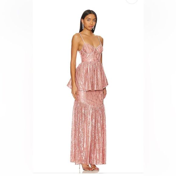 For Love And Lemons Shai Lace Tiered Maxi Gown in Pink With Rhinestone Trim NWT - Picture 1 of 16